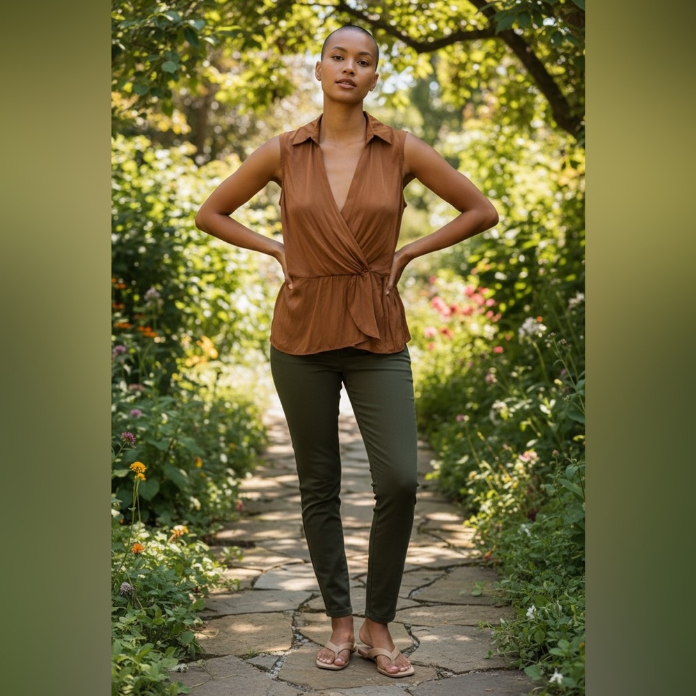 T Tahari Brown Faux Wrap Blouse
